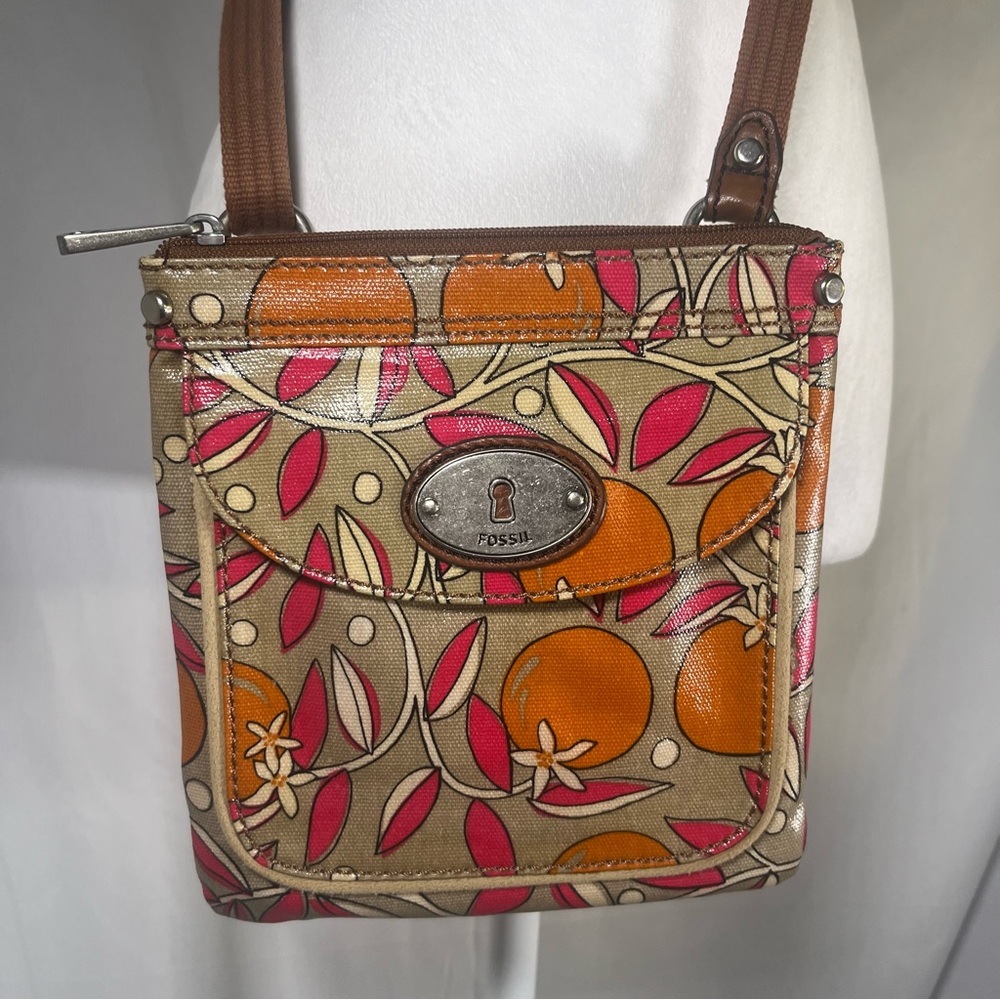 Fossil Key-Per Coated Canvas Crossbody‎ Bag Floral Beige with Oranges